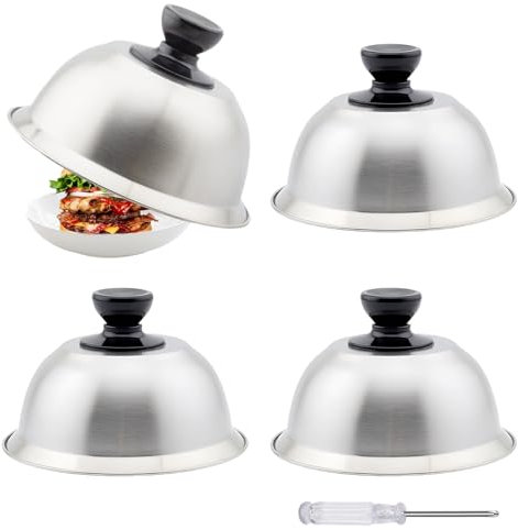 Cloche de Cuisson 16 x 10 cm, 4 Pcs Cloche Alimentaire INOX, Capots de Hamburger, Cloche à Chaleur pour Steak Haché en Acier Inoxydable avec Mini-Tournevis, pour Barbecue, Steak, Hamburger