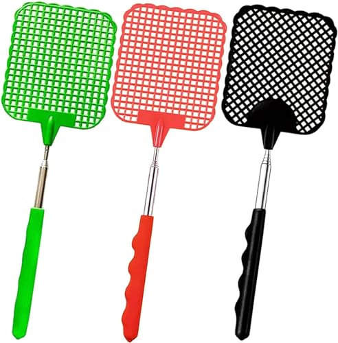 Fly Swatter,3 Pack Extendable Swat,Strong Fly Swat with Stainless Steel Telescopic Handle Fly Killers,Fly Squatter for Indoor Outdoor Black Flies Mosquito Wasp Bug Insect Spider Catcher Fly Bat