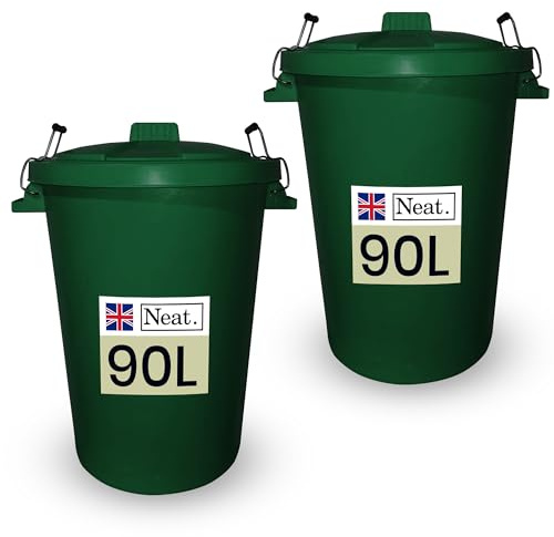 Neat. 90L Large Heavy Duty Plastic Bin With Metal Handle and Lid for Kitchen, Garden Storage, Indoor Outdoor Waste, Animal Feed - Dark Green 2-Pack