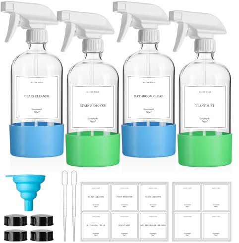 GIVAMEIHF 4-pack glassprayflaskor med silikonhylsa, 4,7 dl genomskinliga glassprayflaskor påfyllningsbar tom flaska med justerbar munstycke, sprayflaska för rengöringslösningar, eteriska oljor,