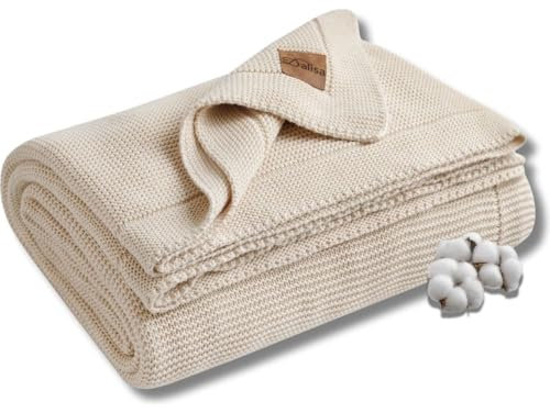 Dalisa 100% Baumwolle Strickdecke Naturbeige 130x150 cm – GOTS-Zertifiziert, weich & gemütlich, vorgewaschen, waschmaschinengeeignet, in Geschenkbox.