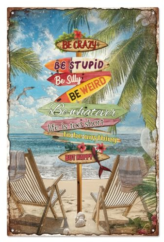 WADORN Plaque Métallique Vintage de Plage, Plaque Murale Humoristique en Étain Style Rétro 20x30cm Motif Palmier Tropical Ambiance Plage Décoration pour les Vacances D'Été Café Bar