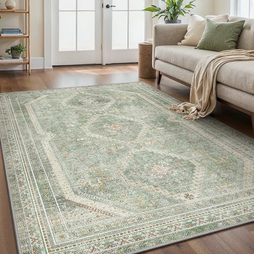 GENIMO Rugs Living Room 240x300cm,Extra Large Washable Soft Carpet,Green Short Pile Non-Slip Boho Rug for Dining Room,Home Office