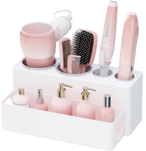 Lifewit Hair Dryer Holder Countertop Tool Organizer with 4 cups | Removable Hairdryer Stand for Styling Tools, Brush Storage, Makeup Accessories in Bathroom, Vanity, Dressing Table, White