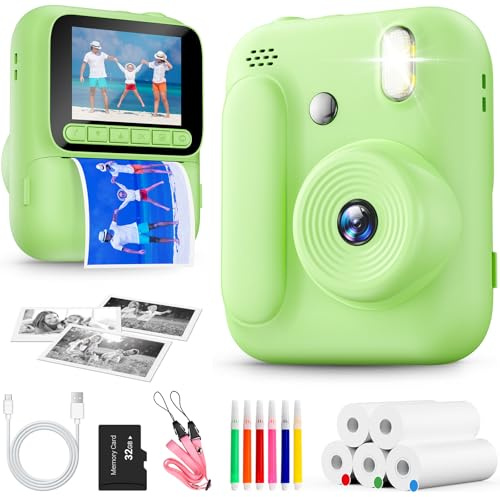 Sofortbildkamera für Kinder,1080P Kinderkamera mit 5 Rollen Druckpapier,32GB-Karte und Farbstiften, Tragbare Digitalkamera für Jungen und Mädchen,Geschenke für Kinder im Alter von 3–14 Jahre (Grün)