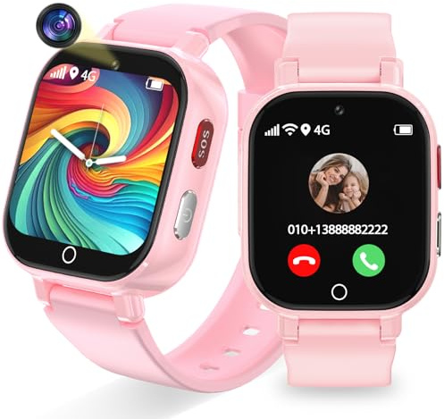 Montre Connectée Enfant avec 4G GPS et Téléphone, Smartwatch pour Filles Garçons avec Vidéo/Voix Chat, Mode École, SOS, WiFi, Podomètre, Montre Intelligente Enfants de 5 à 12 Ans Cadeau, Rose