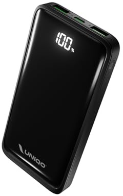 UNIQO Power LCD 10K Power Delivery 22,5 W (PD 3.0 PPS), 10 000 mAh powerbank, LCD-skärm, USB-C, USB-A, PowerBank med snabbladdning, iPhone-laddare, bärbar dator, svart