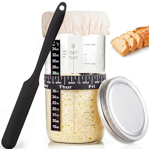 PITCH + PULSE Sourdough Starter Jar Kit, 730ML/25Oz Sourdough Bread Baking Container with Date Marked Feeding Band, Thermometer, Black Silicone Scraper, Cloth Cover & Metal Lid for Family Use