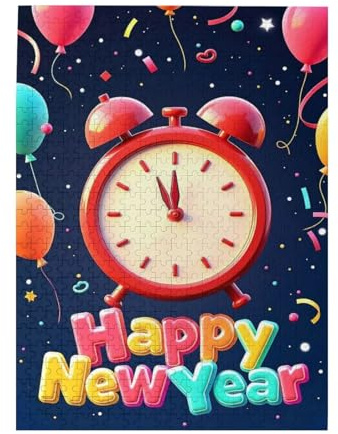 Happy New Year Red Alarm Clock Colorful Balloons Multi Color 3D 500 Piece Jigsaw Puzzle for Adults Wooden Puzzles for Party Fun Game Friends Family