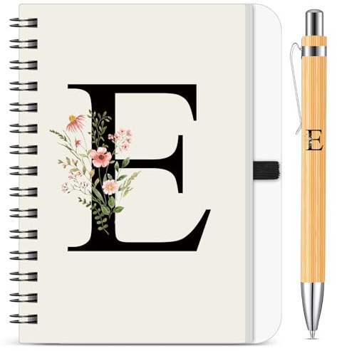 BBTO Set de Carnet de Notes et Stylo Personnalisé avec Initiale Lettre E, Cahier à Spirale Floral B6 avec Stylo en Bambou Lettre Cadeau pour Femme Homme Noël Anniversaire Saint Valentin Collègue Amis