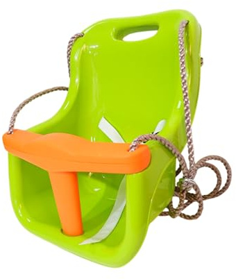 Columpio para bebé con barra de seguridad y correa, altura regulable, estable de plástico PE para bebés y niños pequeños de hasta 25 kg, resistente a la intemperie, incluye cuerda de 2 m y anillo de