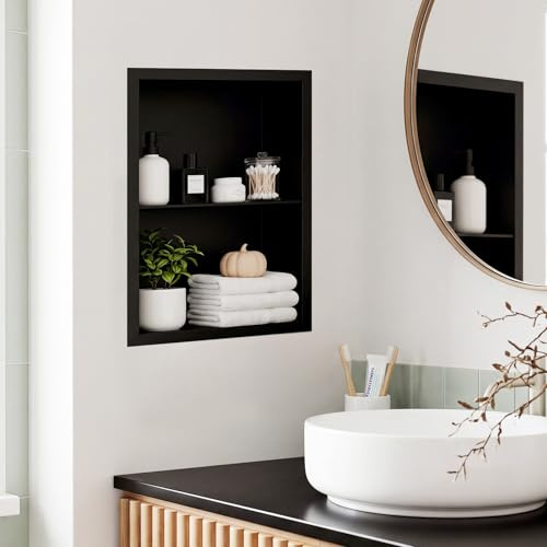 Sintuff 14 x 18 Recessed Medicine Cabinet Without Mirror 304 Stainless Steel Medicine Wall Niche with 2 Tier Shelf in Wall Shower Niche Insert Rustproof for Bathroom Storage Living Room, Matte Black