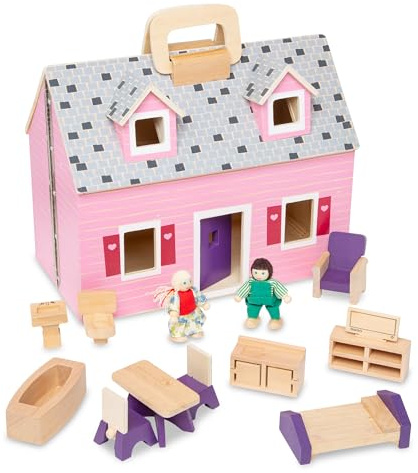 Melissa & Doug Fold & Go Wooden Dollhouse with 2 Dolls and 11 Pieces of Furniture - Portable Mini Doll House with Accessories and Toy Figures, Ages 3+