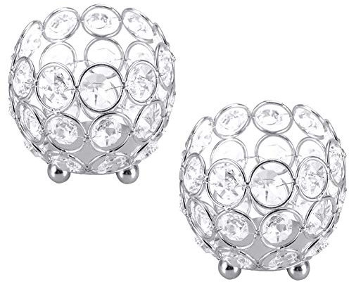 MAGICVOGEL 2er Set Silber Kerzenhalter Kristall Glas Kerzenständer Teelichthalter Dekoration für Hochzeit Geburtstag Party Küche Wohnzimmer Büro (8x7cm)