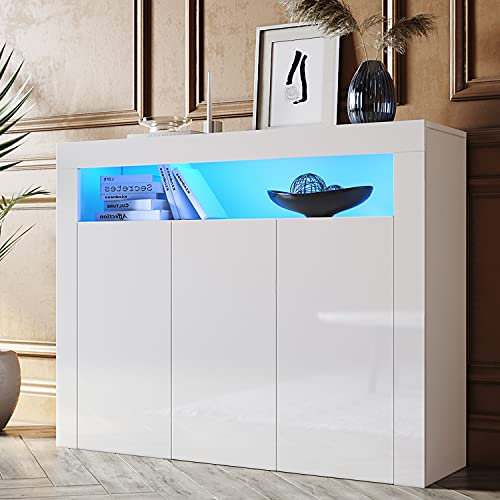 SONNI Sideboard, Kommode Weiss Hochglanz, mit LED, 12 Farben können eingestellt Werden, 3 Türen Schrank Komodenschrank Sideboard für Küche, Esszimmer, Wohnzimmer, 116x35x93cm, GK002