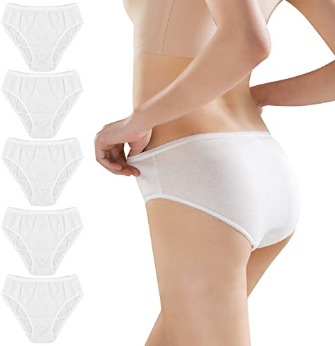 Daelesr 5 Piezas Ropa Interior Desechable para Mujer, Blanco Algodón Solo Uso Bragas Slips, Calzoncillos de Maternidad, Braguitas Desechables Postparto para Hospitales Menstruación Viajes SPA (XL)
