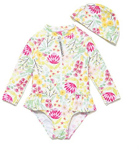 BONVERANO Traje de baño de una Pieza para niña, Mangas largas, protección UV 50+ con Gorra(Amarillo-Amarillo,3-6meses…
