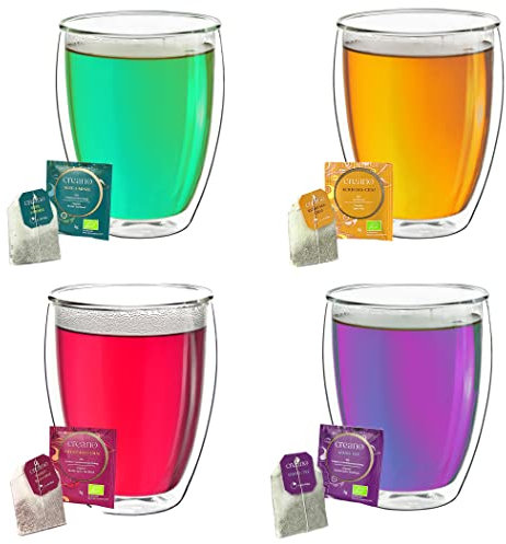 Creano doppelwandige Gläser 400ml „DG-Hoch“, 4er Set + 4x hochwertiger Kräutertee oder Früchtetee gratis
