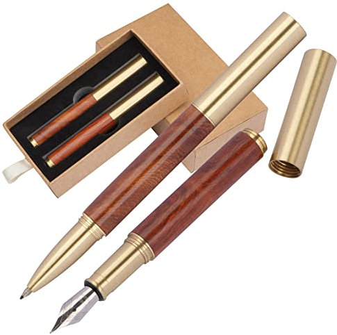 Aussergewöhnliches Hochwertiges Mini Schreibset mit Tintenroller - Rollerball und Füllfederhalter aus Messing und Holz zum Zusammenschrauben im Geschenketui