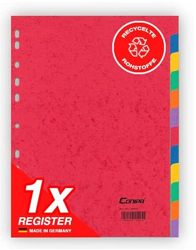 Conipa® - 1er Set 12 Farben Taben Register für Ordner DIN A4 (MADE IN GERMANY) - Ordner-Registerblätter & Trennblätter KARTON (Universallochung) - Trennregister & Trennstreifen Akten & Hefter (Rot)