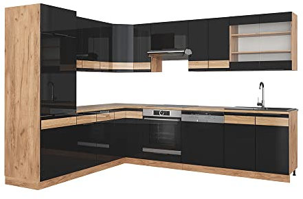 Vicco Eckküche Fame-Line, Schwarz-Eiche Hochglanz/Goldkraft Eiche, 227 x 287 cm