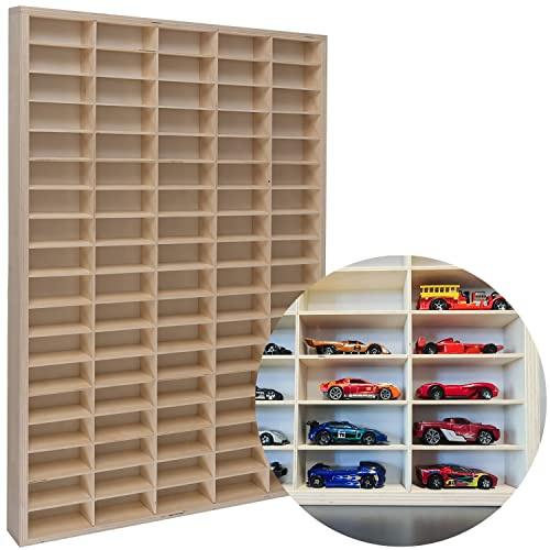 KRUZZEL Autogarage Regal aus Holz für Spielzeugautos – 90 Fächer – Wandregal oder Standregal – Organizer für Kinderzimmer 78,5 x 50 x 4,5 cm