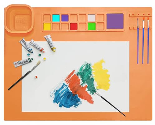 TENQUAN Silikon Malmatte, 51x41cm Silikon Bastelmatte mit Becher,Bastelunterlage, Malunterlage Abwaschbar Antihaft Silikonmatte basteln für Malen Basteln,Kunst, Kreation (Orange)