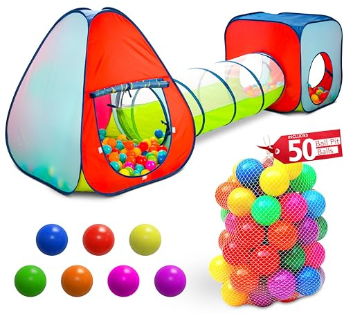 Kids Play Tent with 50 Balls – 3-Piece Tunnel & Ball Pit Combo – Indoor/Outdoor Pop-Up Set with Mesh Panels & Carry Bag