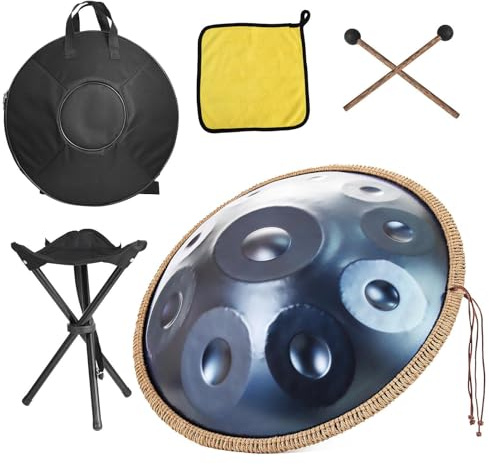 Music Handpan 18 In,440Hz Classic G Minor 9 Notes Music Instrument Hand Pan,with Drum Storage Bag,Mallet,Braid,Stand,Sound Stickers,Cleaning Cloth for Children,Adults,Blue