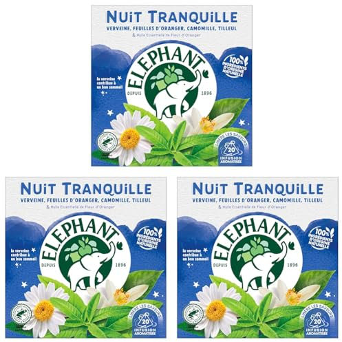 Elephant, Infusion Nuit tranquille, Goût Verveine, Camomille et Tilleuil, Certifié Rainforest Alliance, Ingrédients d'Origine 100% Naturelle, 20 Sachets Pyramid (Lot de 3)