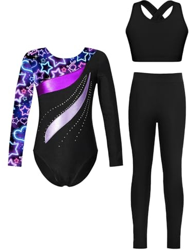Loodgao Mädchen Langarm Turnanzug Streifen Gymnastikanzug mit Crop Top und Lange Hose Sport Leggings 3 Teillig Tanzbekleidung Sternenhimmel Schwarz 134-140