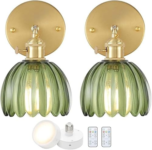 AoLa 2 delar vintage vägglampa Dimbar med fjärrkontroll Vägglampa Justerbar inomhus E27 Retro guld metall sängbordslampa med lampskärm i grönt glas för sovrum vardagsrum trappa hall