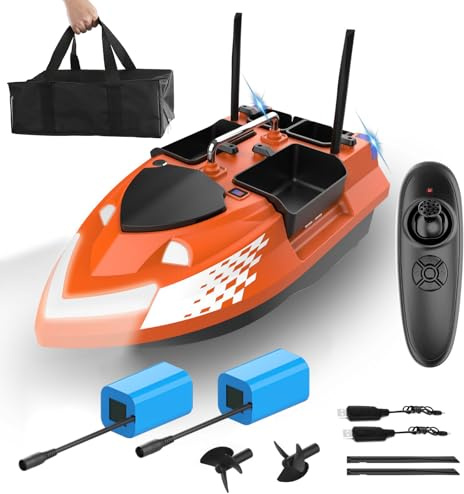 HEVMEVENI Bateau d'appât RC pour pêche à la carpe avec 4 compartiments d'appât, télécommande de 500 m, chute de ligne, régulateur de vitesse, deux batteries 5200 mAh, libération de crochet et sac de