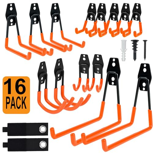 Confezione da 16 ganci da parete per garage ad alte prestazioni per cuscinetti del garage, supporto per tubo e organizzazione durevole, design salvaspazio per uso domestico, garage e workshop