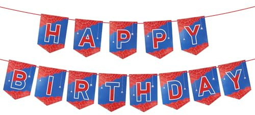 Spider Theme Happy Birthday Banner, Red and Blue Spider Party Decorations Cartoon Movie Baby Shower Bunting Garland Party Decorations Spiderweb Happy Birthday Sign for Boys Kids