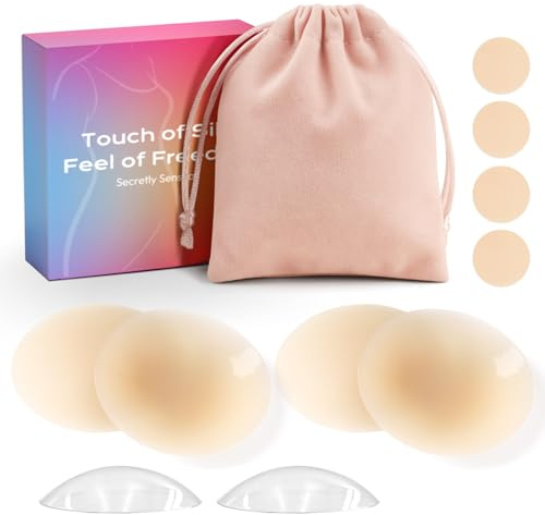 2 Paires Cache-Tétons Femme Invisibles, Nipple Cover Imperméable Réutilisable, Soutien Gorge Adhésif avec Pochette de Rangement Nude