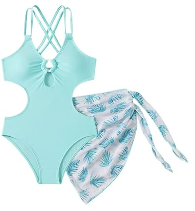 Bañador Niña 5-14 Años Natacion Una Pieza Bañadores Adolescente Chica Cuello V Cut out Sólido Traje de Baño Piscina Tirantes Trikini con Falda Deportivo Playa Vacaciones Swimwear
