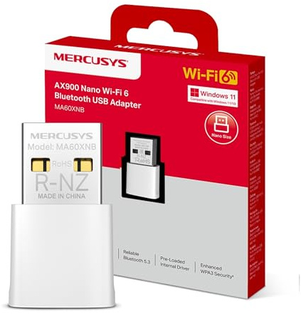 Mercusys MA60XNB 2-IN-1 AX900Mbps WiFi Dongle, Bluetooth 5.3 USB WiFi Adapter, Nano Bluetooth Dongle, Pre-loaded Internal Driver, WPA3 Security, Plug and Play, Supports Windows 10/11
