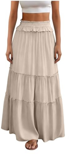 ABLYTMIAQ Sommarlånga lösa kjolar för kvinnor Storbritannien elastisk midja maxikjol avslappnad blommig nivåindelad A-linje kjolar, BEIgE, XXL