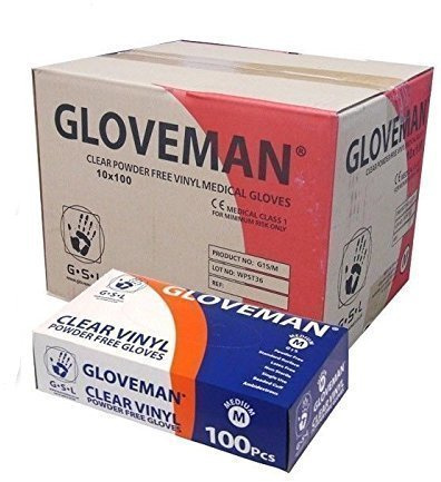 VINYL GLOVES - POWDER FREE, NON LATEX AND CLEAR, 1 Case (10 boxes of 100 gloves, 1,000 gloves total), SIZE MEDIUM - NEW- CASE DEAL