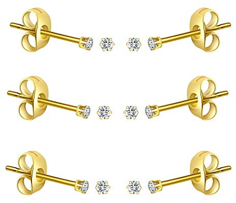 FOSIR 6 Pairs 2mm Tiny Women's 14K Gold Plated Stainless Steel Clear Cubic Zirconia Stud Earrings, 2mm CZ