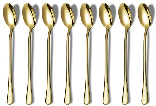 HOMQUEN Cucchiaio d'oro a Manico Lungo, Agitatore Da Caffè, Cucchiaino Da Caffè e Tè Freddo, Cucchiaio Da Gelato e Cocktail, Set di 8 (Oro)