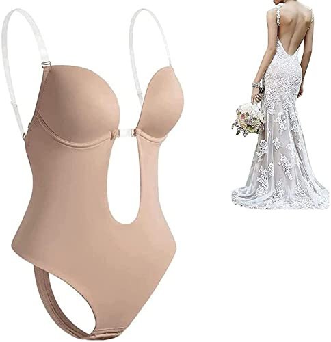 Body Dos Nu Soutien Gorge Invisible Body Sculptant Femme Invishaper Shaper Sexy, Bodysuit Lingerie sous-vêtement avec Bandoulière Transparente pour Robe de Soirée Mariage (Beige, M)
