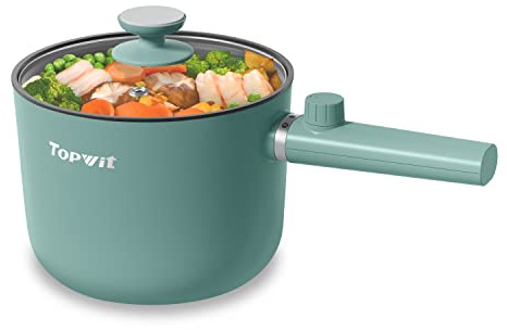 Topwit Hot Pot Electric, 1.5L Ramen Cooker, Portable Non-Stick Frying Pan, Hot Pot for Pasta, Steak, BPA Free, Electric Cooker with Dual Power Control, Over-Heating & Boil Dry Protection, Green