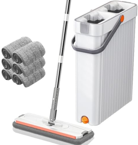 Mopa para Limpiar Azulejos Paredes Suelos Fregona Cubo Escurridor Fregona Plana Cubo con 6 Almohadillas Autoescurrible Madera Parquet Ventanas Mop Bucket Trapeadora