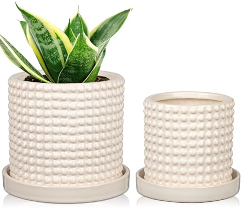 Oairse Ceramic Plant Pot 15CM + 11CM Bubble Ceramic Planter with Drainage Holes White Flower Pots Beaded Design Decorative Plant Pots Indoor pour Cactus Snake Plant Houseplant