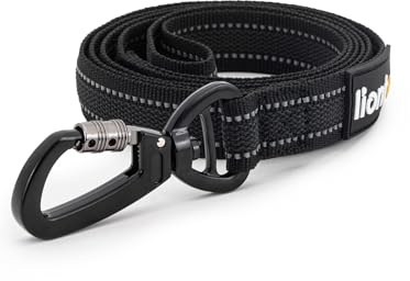 lionto Laisse pour chien, 120 cm, dragonne et mousqueton en métal à 360°, fermeture de sécurité, laisse réfléchissante en nylon robuste et résistant aux intempéries, noire
