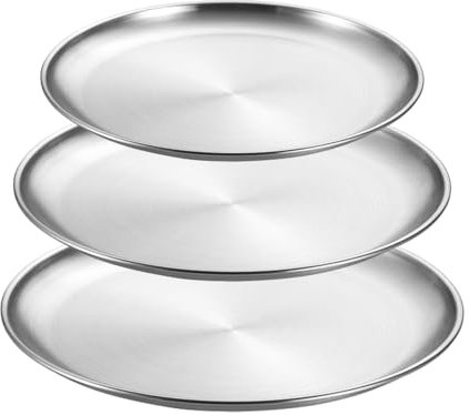 3 Piatti Piani In Acciaio Inox, Piatti Piani Rotondi Da Campeggio, Vassoi Rotondi In Acciaio Inox, Stoviglie Da Esterno, Piatti Piani Rotondi Da Cucina