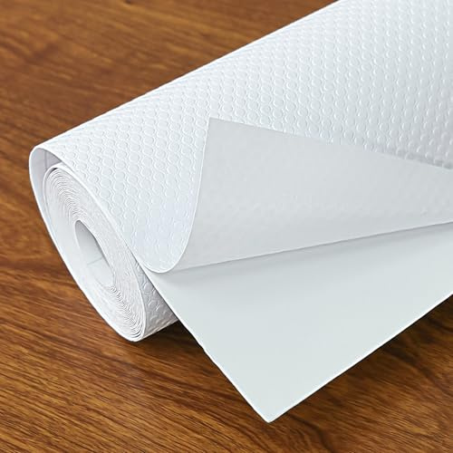 Hersvin Kitchen Drawer Liners 30cmx500cm Self-Adhesive Cupboard Liners, Cabinet Shelf Mats Non Slip Oil-Proof Waterproof EVA Plastic Protector Fridge Shelves Lining (White Flat Dot)