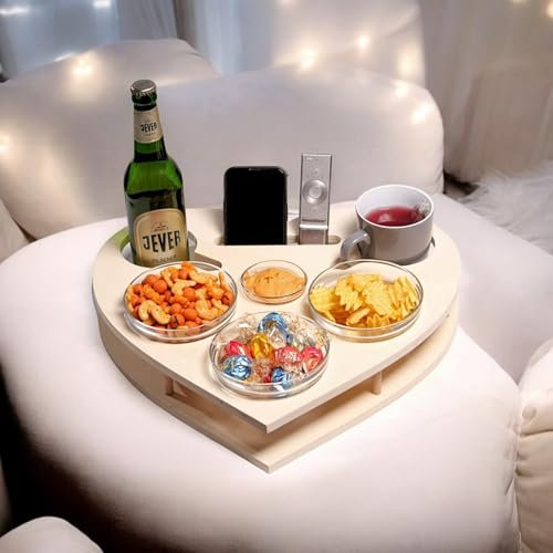 PEGSEN Herz Couchbar in Weiß mit 4 Glasschalen - Couch Tablett für Snacks & Getränke [stabil & sicher] Snackbar für die Couch inkl. Getränkehalter - Couch Bar Snackbox für Kaffeetassen und Wein